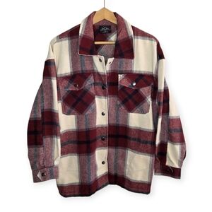 HFX | Burgundy Cream Plaid Fleece Snap Front Shirt Jacket Shacket Size Large